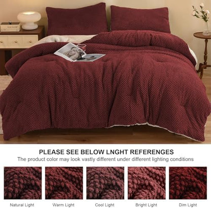 LLanCL 3D Jacquard Design Comforter Set, Ultra-Soft Warm Queen Size Sherpa Fur Plush 3-Pieces Sets Luxury Cozy Bedding with 2 Pillowcases (90"x90", Burgundy)