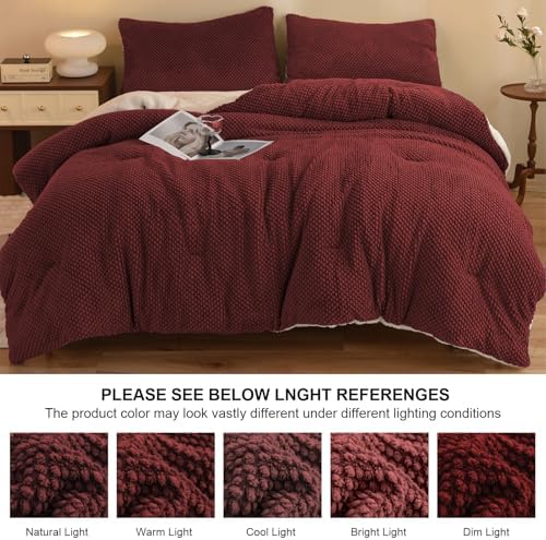 LLanCL 3D Jacquard Design Comforter Set, Ultra-Soft Warm Twin Size Sherpa Fur Plush 2-Pieces Sets Luxury Cozy Bedding with 1 Pillowcase (68"x90", Burgundy)