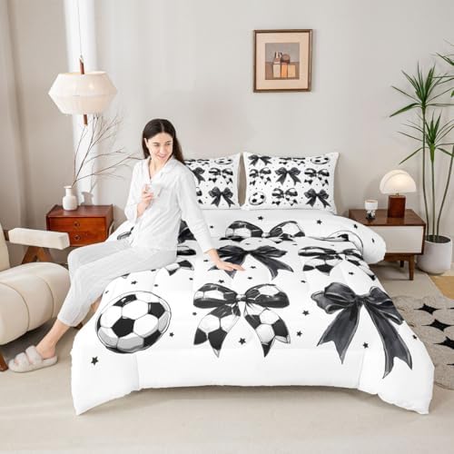 jejeloiu Soccer Ball Bow Kids Comforter Set Full Size Football Bedding Set Watercolor Bow Duvet Quilt for Kids Boys Girls Bedroom Rugby Sports Decor Microfiber Ultra Soft Breathable
