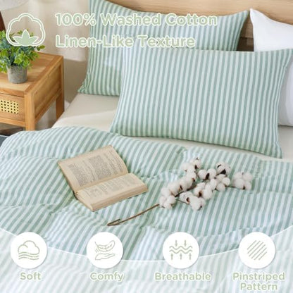 TOCOMOA Sage Green Striped Duvet Cover Set Washed Cotton Like Linen, Queen