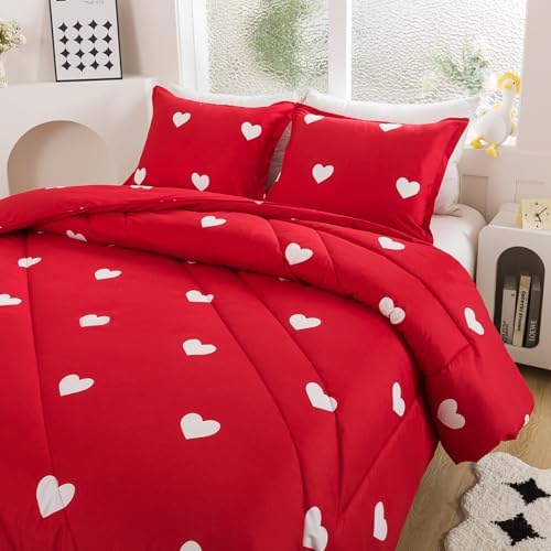 Caressma Love Comforter Set Full Size - Cute White Heart Print Red Bedding Comforter 3 Pieces Matching Pillowshams