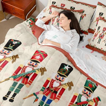 Erosebridal Nutcracker 7 Piece Bedding Set King Soldier Comforter Set with Sheets Xmas Holiday Bed in a Bag Christmas Red Flowers Cute Cartoon Bed Sets Comforter