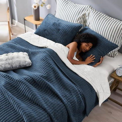 Wonderful - Velvet Quilt Set King Size Dusty Blue Soft Cotton-Feel Plush Coverlet with Shams, Premium Vertical Channel Stitched, Lightweight All-Season Bedspread