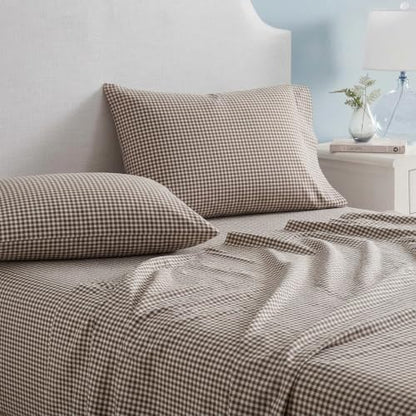 Martha Stewart - Full Sheet Set with Fitted Sheet & Pillowcases, Cotton Percale Bedding with a Smooth Feel, Deep Pocket, Gingham Brown