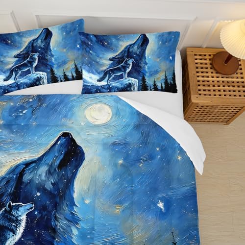 Wolf Comforter Set Queen for Boys Girls,Howling Wolves Night Moon Comforter Mountain Forest Wolf Bed Set,Wild Animals Quilt Set for Adults Kids Bedroom Decor,All Seasons
