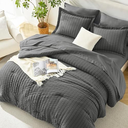 HIMEET Full Comforter Sets, 7-Piece Seersucker Bed in a Bag, Dark Grey