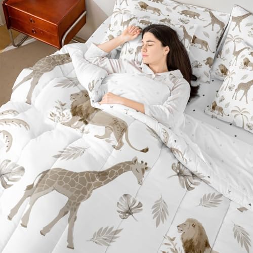 Erosebridal Jungle Animals 7 Piece Bedding Set Twin Elephant Lion Giraffe Animal Comforter Set with Sheets African Bed in A Bag Hunter Brown Wildlife Bed Sets with 2 Pillowcases, 2 Throw Pillow Covers