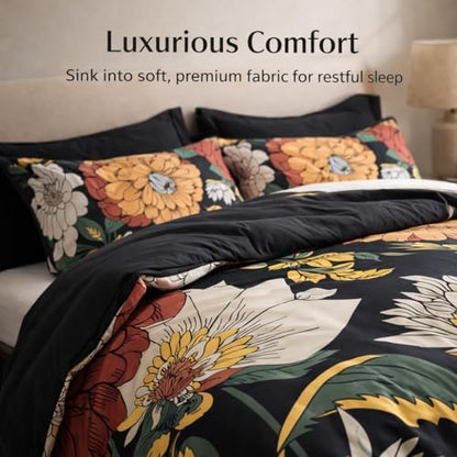 Tyrot Black Boho Floral Twin Comforter Set - 2 Piece Farmhouse Botanical Bedding Comforter Sets for All Season Soft Lightweight Mid Century Bed Set, (1 Reversible Comforter and 1 Pillow Sham