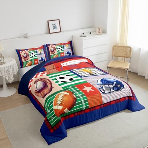 Football Basketball Baseball Comforter Set Twin Size Sports Ball Bedding Set Kids Boys Teens Geometric Patchwork Grid All Season Quilt Set Rugby Helmet Bedding Comforter Sets with 1 Pillowcase