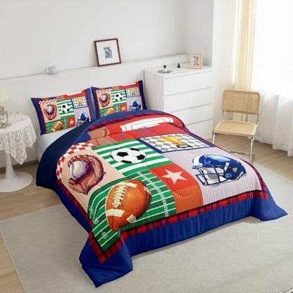 Football Basketball Baseball Comforter Set Twin Size Sports Ball Bedding Set Kids Boys Teens Geometric Patchwork Grid All Season Quilt Set Rugby Helmet Bedding Comforter Sets with 1 Pillowcase