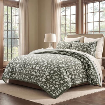 EverGrace 100% Cotton Floral Quilt Set, Queen Size, Sage Green 92"×96"