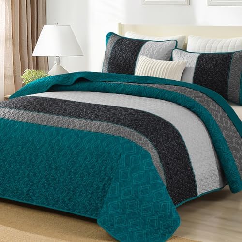 Cottolester Boho Quilt Set King,Striped Plaid Bedspreads Set,Peacock Blue