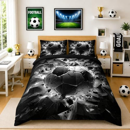 Nttopship Soccer Bedding Comforter Set Queen Size for Kids Teens and Adults, Black and White Football Printed Bedding Sets 3 PCS,Ball Sports Themed Bedroom Decor with 1 Comforter and 2 Pillowcases