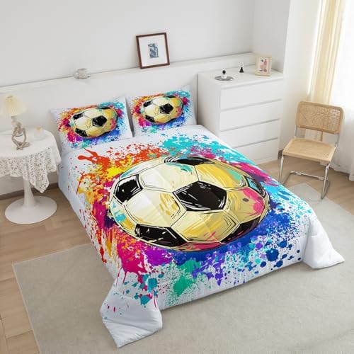 Castle Fairy Soccer Comforter Set Twin Size,Watercolor Tie-dye Duvet Insert for Kid Teen Boys Girls Room Decor,Sports Game Quilted Duvet,Colorful Graffiti Hip Hop Quilt Cover with 1 Pillowcase