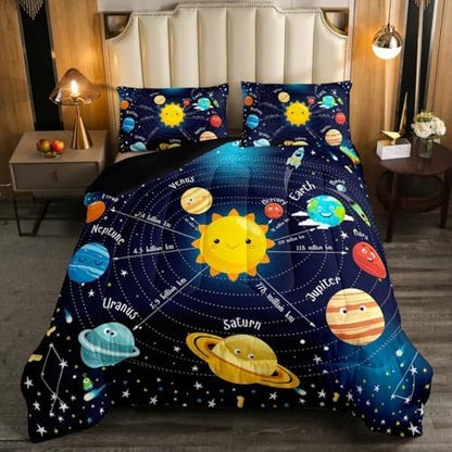 Erosebridal Outer Space Comforter Set Starry Sky Bedding Set Twin Size for Kids Boys Girls Room Galaxy Planet Space Duvet Sets Solar System Cartoon Down Comforter 2 Pieces with 1 Pillow Case, Blue