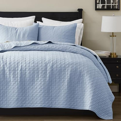 palassio Baby Blue 100% Cotton Quilt King Size Bedding Sets with 2 Pillow Shams, Textured Lightweight Soft Bedspread Shabby Chic Coverlet, Neutral Quilted Comforter Bed Cover for All Season, 3 Pieces