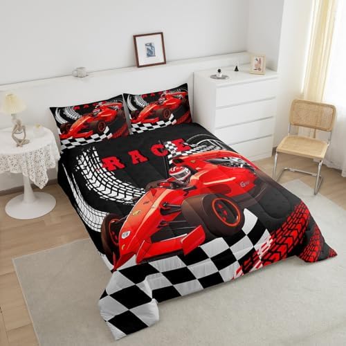 Go Kart Toddler Race Car Bed for Boys,Black and White Buffalo Checkered Drift Kart Queen Comforter Set Toddler Bedding Set,Square Grid Plaid Lattice Quilt,Red Karting Extreme Sport Duvet Insert
