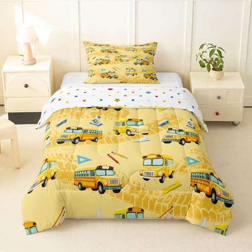 Feelyou School Bus Comforter Set Toddler Size Cartoon Truck Bedding Set for Kids Boys Girls Yellow Transport Vehicles Duvet Quilt Bedroom Decor Microfiber 2 Pcs with 1 Pillow Case