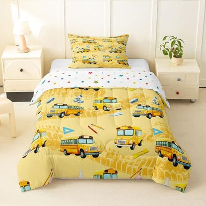 Feelyou School Bus Comforter Set Toddler Size Cartoon Truck Bedding Set for Kids Boys Girls Yellow Transport Vehicles Duvet Quilt Bedroom Decor Microfiber 2 Pcs with 1 Pillow Case