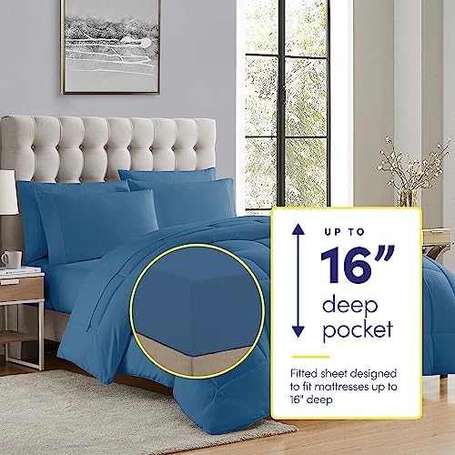 Sweet Home Collection 7 Piece Comforter Set Bag Solid Color All Season Soft Down Alternative Blanket & Luxurious Microfiber Bed Sheets, Denim, Queen