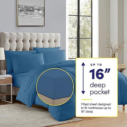 Sweet Home Collection 5 Piece Comforter Set Bag Solid Color All Season Soft Down Alternative Blanket & Luxurious Microfiber Bed Sheets, Denim, Twin
