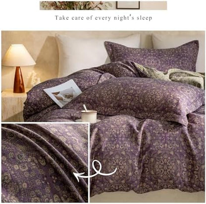 Full Duvet Cover Set Purple Green Floral Duvet Cover Exquisite Jacquard Flower Bedding Set Boho Medallion Vintage Floral Comforter Cover Linen Cotton Yarn-Dyed Textured Duvet Cover with Zipper Ties