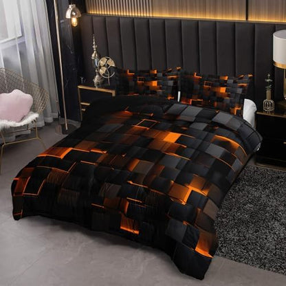 Nttopship Neon Yellow Black Comforter Set King Geometric Kids Bedding Set,3 PCS Geometry Honeycomb Bed Set Modern Quilt Set 1 Comforter 2 Pillow Cases Cool Room Decor All Season B-Side Black