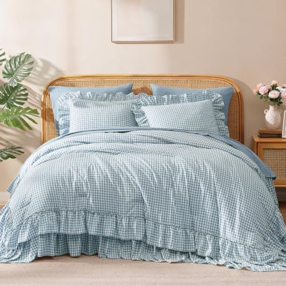 Queen Comforter Set Blue Gingham Ruffle 7 Pieces Farmhouse Bed in a Bag