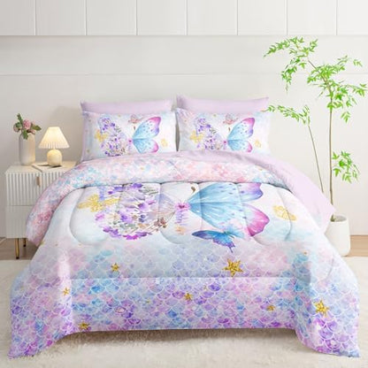 7Pcs Cartoon Butterfly Comforter Set Watercolor Printed Bedding Set with 1 Comforter, 1 Flat Sheet, 1 Fitted Sheet and 4 Pillowcases for Bedroom All Season(Butterfly-3 Full)