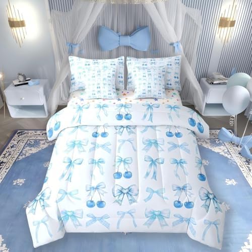 Erosebridal Blue Cherry Bow Queen Comforter Set with Sheets Cute Silk Ribbon Bowknot 7 Piece Bedding Set, Princess Bow Tie Dreamy Kawaii Bed in a Bag, Princess Room Decor Aesthetic