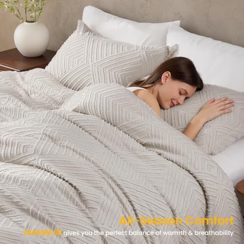 JOLLYVOGUE Queen Comforter Set, Boho Tufted 3-Piece Bedding Set, Khaki