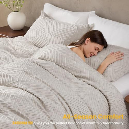 JOLLYVOGUE Queen Comforter Set, Boho Tufted 3-Piece Bedding Set, Khaki
