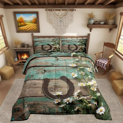 Rustic Farmhouse Bedding Set Teal Country Wooden Barn Door Down Comforter King Western Horseshoe Daisy Decor Comforter Set for Kids Boys Girls Teen Cowboys Cowgirls Quilt Duvet Sets 2 Pillow Cases
