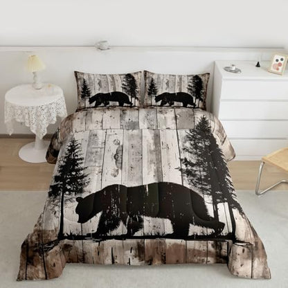 jejeloiu Bear Comforter Set All Season Rustic Cabin Country Bedding Set with 2 Pillow Cases Wild Animal Microfiber Kids Queen Bedclothes Bedroom Decor Duvet Quilt Breathable Soft Lightweight