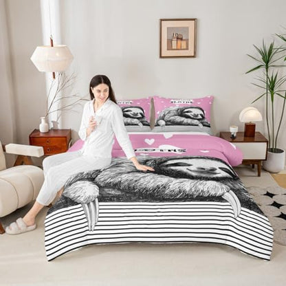 Homewish Teens Sloth Pattern Comforter Set Queen Size,Striped Heart Bedding Set for Kids Boys Girls Bedroom Decoration,Pink and Black Bed Duvet Insert,Cute Sloth Comforter with 2 Pillowcases