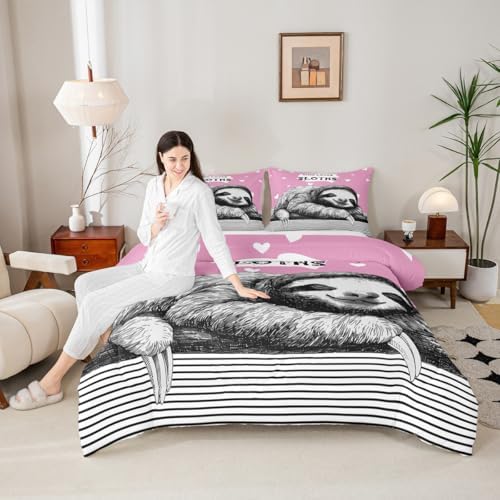 Homewish Cute Sloth Comforter Set,Wild Animals Bedding Set for Kids Girls Women,Adults Pink and Black Comforter,Sloth Pattern Quilted Duvet Set Bedroom Collection Twin Size 2Pcs