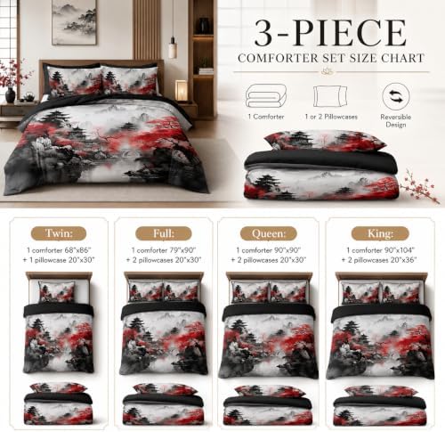 CCoutueChen Asian Chinese Comforter Set King Size, Black Red