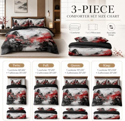CCoutueChen Asian Chinese Comforter Set King Size, Black Red