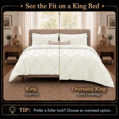 CozyLux King Size Comforter Set Ivory, 7 Pieces Pintuck Bed in a Bag