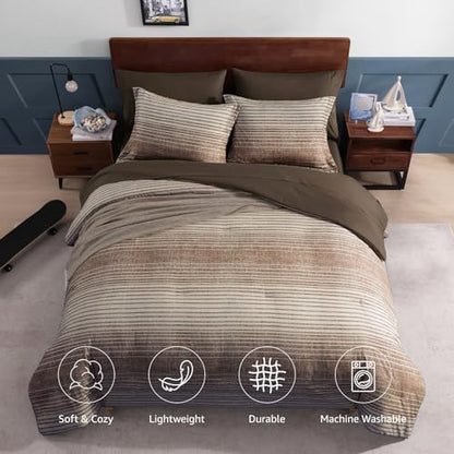 Queen Size Comforter Set Striped Chocolate Brown 7 Pieces Bed in a Bag