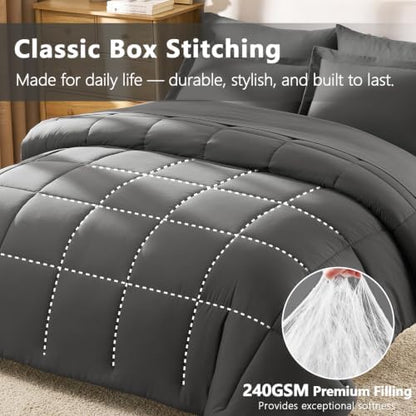 CozyLux King Size Comforter Set, 7-Piece Bed in a Bag, Dark Grey