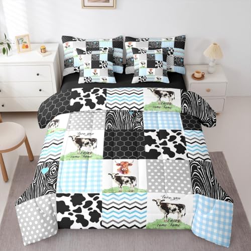 Erosebridal Highland Cow Queen Bedding Set 7 Piece Cartoon Farm Animals Bed in A Bag with Sheets Cute Kawaii Comforter Set,Honeycomb Plaid Pattern Geometric Stripes Bed Sets