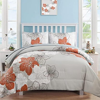 Terracotta Comforter Set Queen, 7 Pieces Floral on Grey Bedding Set