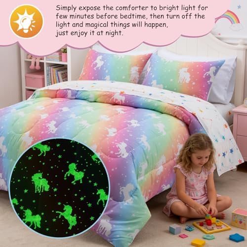 A Nice Night 5pc Rainbow Comforter Set Glow in The Dark Kids Bedding Queen