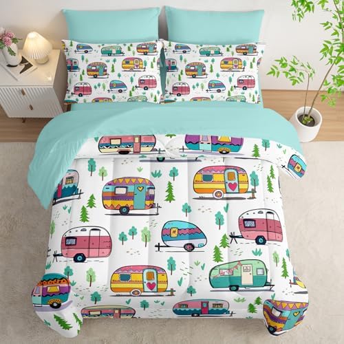 HOSIMA 7Pcs Forest Print Cartoon Camping Full Comforter Set with Sheets.