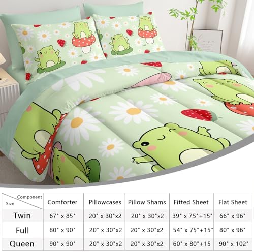 AILONEN Kawaii Frog Comforter Set Twin 7-Piece Bed in a Bag,Green Cute Frog Bedding Set for Kids Boys Girls,Soft Comforter & Fitted Sheet with Flat Sheet,2 Pillowcases,2 Pillow Shams