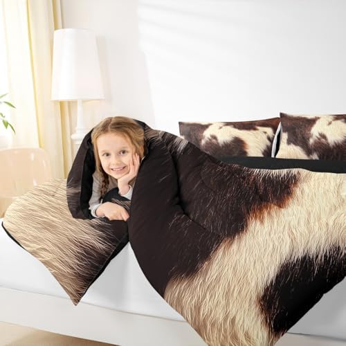 Cowhide Bedding Set Full,Brown Beige White Cow Print Comforter Set Western Farm Animal Fur Down Comforter for Kids Teens Men Women Rustic Cowboy Cowhide Quilt Duvet Set 2 Pillow Cases Bedroom Decor