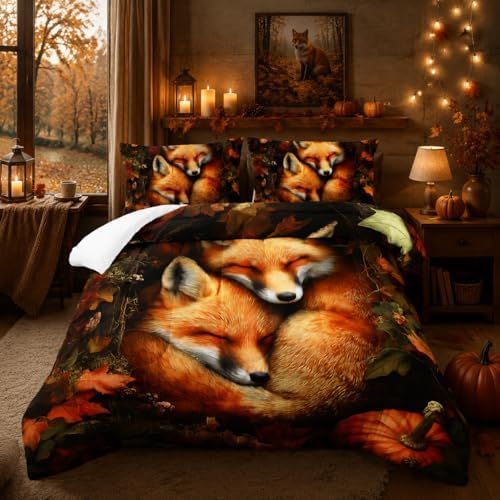 Nttopship Fox Comforter Set 3-Pieces Queen Size,Cute Foxes Bedding Set for Kids Boys Girls Cute Animal Comforter Wildlife Quilt Set 3D Animal Plants Leaves Printed ThemeComforter with 2 Pillowcases