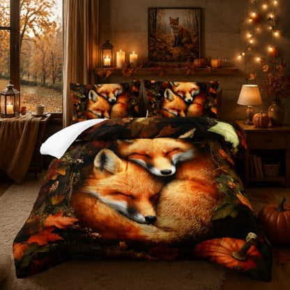 Nttopship Fox Comforter Set 3-Pieces Queen Size,Cute Foxes Bedding Set for Kids Boys Girls Cute Animal Comforter Wildlife Quilt Set 3D Animal Plants Leaves Printed ThemeComforter with 2 Pillowcases
