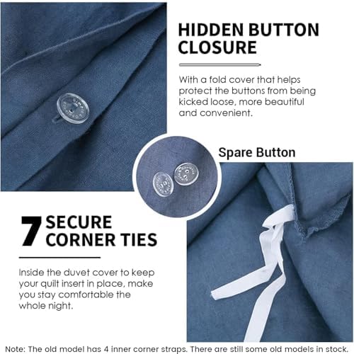 Simple&Opulence 100% Linen Duvet Cover Set 3pcs Basic Style Natural French Washed Flax Solid Color Soft Breathable Farmhouse Bedding with Button Closure - Classic Blue, King